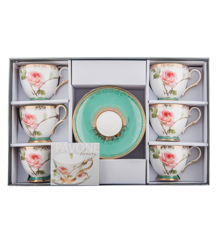 Чайный набор на 6 персон из фарфора Миланская Роза Pavone JK- 67, фотография в упаковке