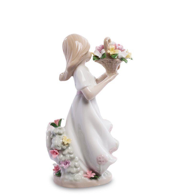 Статуэтка из фарфора Девочка с корзинкой цветов в белом Pavone JP-22/24, фотография со спины