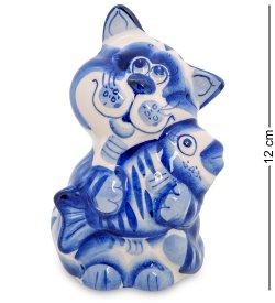 Фигурка Кот Рыболов Голубая гжель