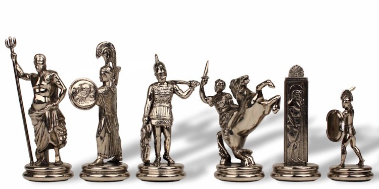 Большие Шахматы Троянская война, коричневая доска Manopoulos MP-S-19-54-BRO, фотография серебряных фигур