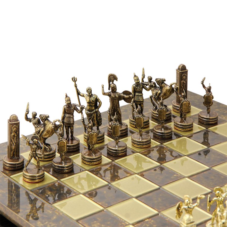 Шахматы Троянская война, коричневая доска, большие Manopoulos MP-S-19-C-54-BRO, фотография бронзовых фигур на доске