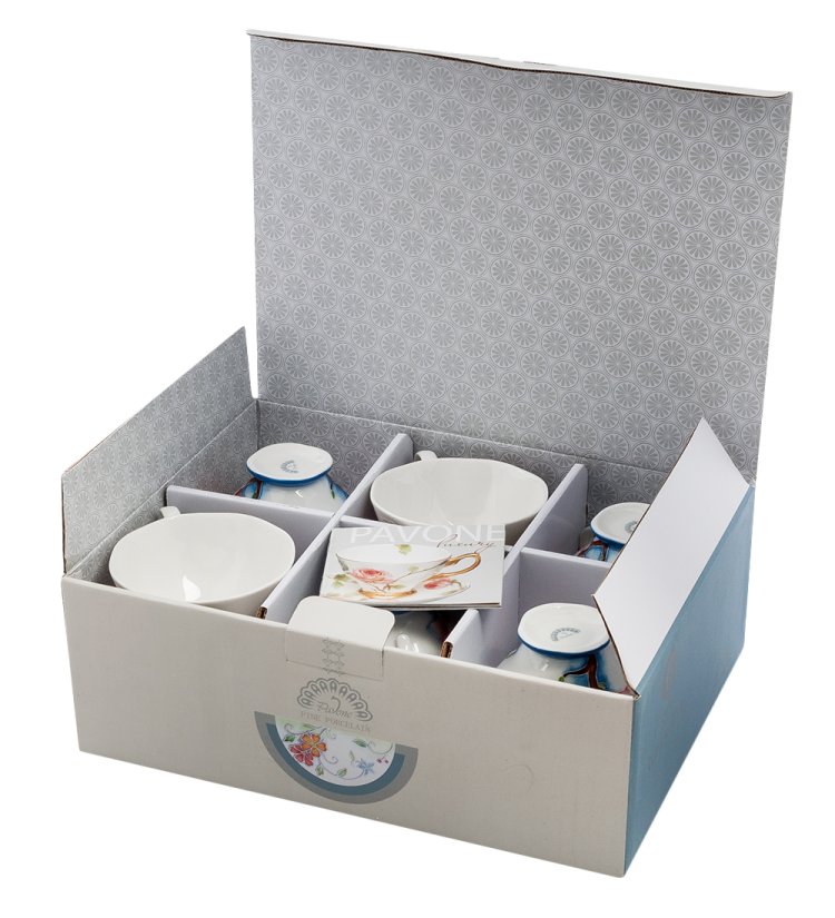 Чайный набор на 6 персон из фарфора Цветущая сакура Pavone JS-03, фотография в коробке