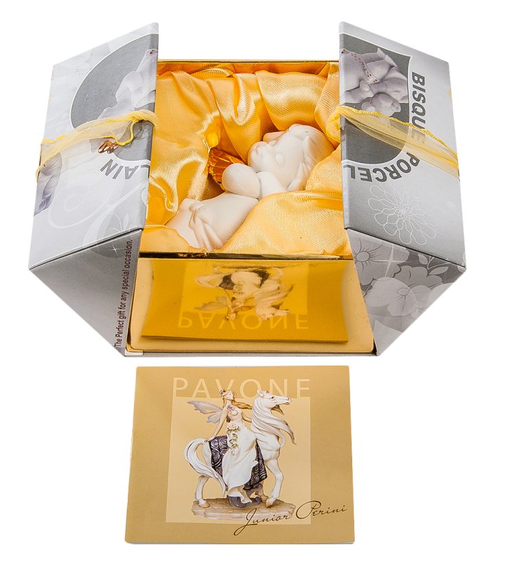Статуэтка из бисквитного фарфора Обиженный Амурчик с Золотыми крыльями Pavone JP-48/ 2, фотография в упаковке