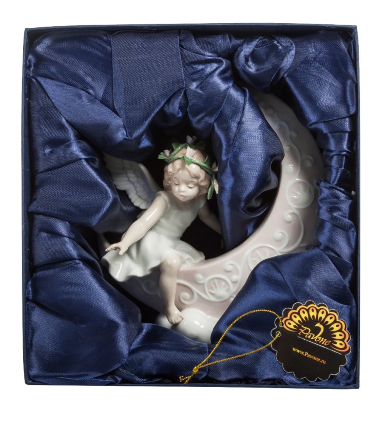 Статуэтка из фарфора Девочка Ангел на луне в облаках Pavone JP-22 /5, фотография в упаковке