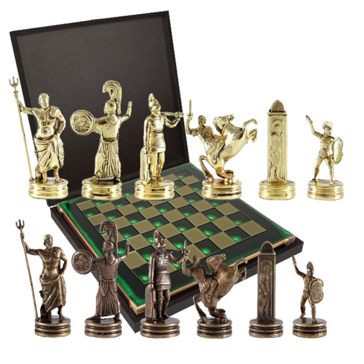 Шахматы Троянская война, зеленая доска, фигуры бронзовые Manopoulos MP-S-4-C-36-GRE