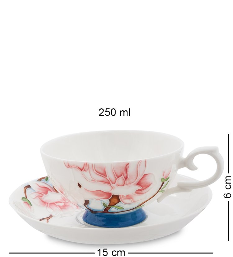 Чайная пара с чайником из фарфора Цветущая сакура, ручная роспись Pavone JS-04, фотография чашки и блюдца