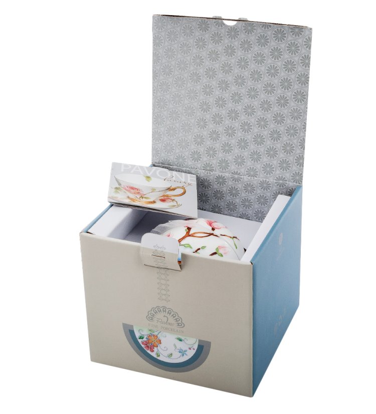 Чайная пара с чайником из фарфора Цветущая сакура, ручная роспись Pavone JS-04, фотография в упаковке