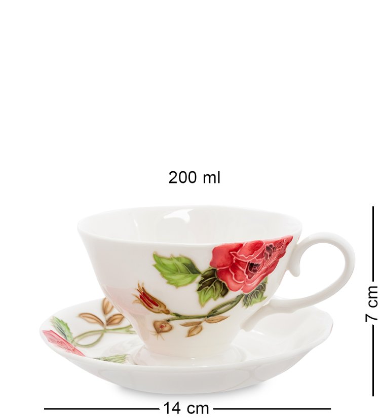 Чайный набор на 2 персоны из фарфора Роза Рафаэлло, ручная роспись Pavone JS-08, фотография чашки и блюдца