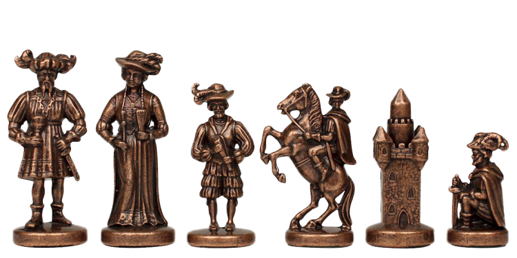 Шахматы на красной доске Рыцари Средневековья Manopoulos MP-S-12-C-44-RED, все бронзовые фигуры