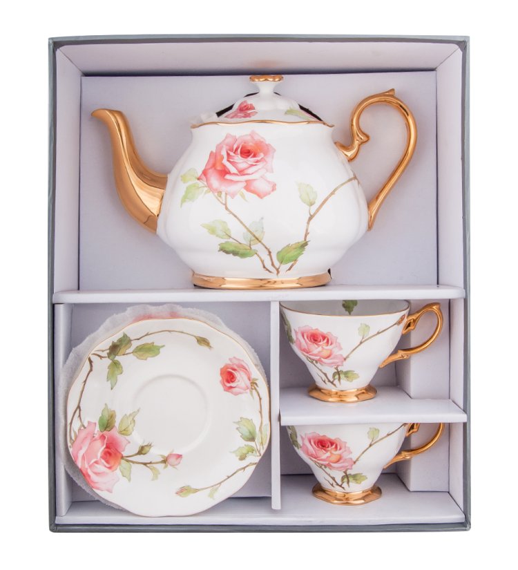 Чайный набор на 2 персоны с чайником Итальянская роза Pavone JK- 38, фотография в упаковке