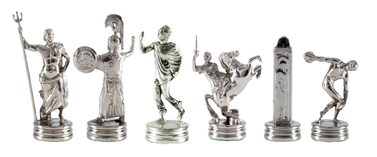 Шахматы Олимпийские Игры, Зеленая доска Manopoulos MP-S-7-36-GRE, фотография серебряных фигур