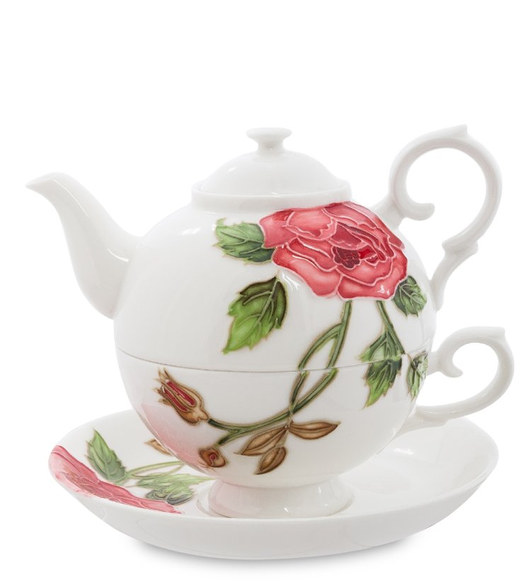 Чайная пара с чайником из фарфора Роза Рафаэлло, ручная роспись Pavone JS-10