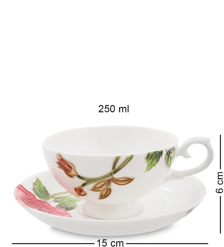 Чайная пара с чайником из фарфора Роза Рафаэлло, ручная роспись Pavone JS-10, фотография чашки и блюдца