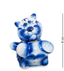 Фигурка Кот с колбасой Голубая гжель