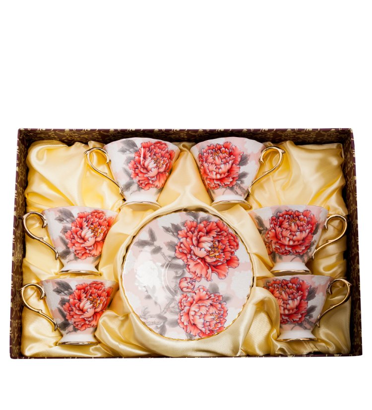 Чайный набор на 6 персон Фиор Дель Аморе, красный Pavone AS-63, фотография в упаковке