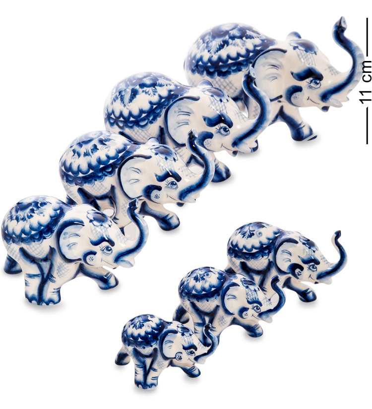 Набор из 7-ми статуэток Слонов Голубая гжель ГЛ-531