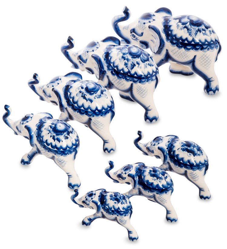 Набор из 7-ми статуэток Слонов Голубая гжель ГЛ-531, фотография со спины