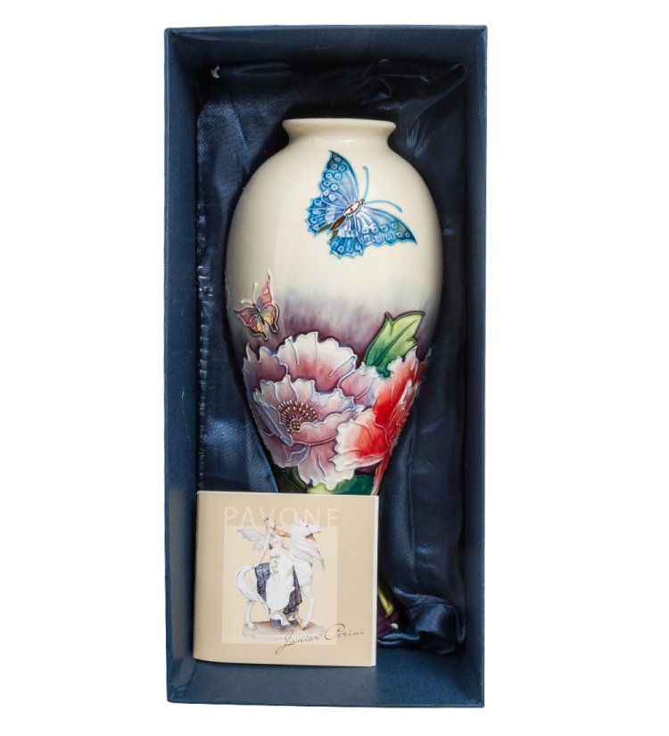 Ваза для цветов из фарфора Гвоздика с бабочками Pavone JP-247/18, фотография в упаковке