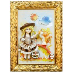 Картина из фарфора Кукла стоящая около велосипеда