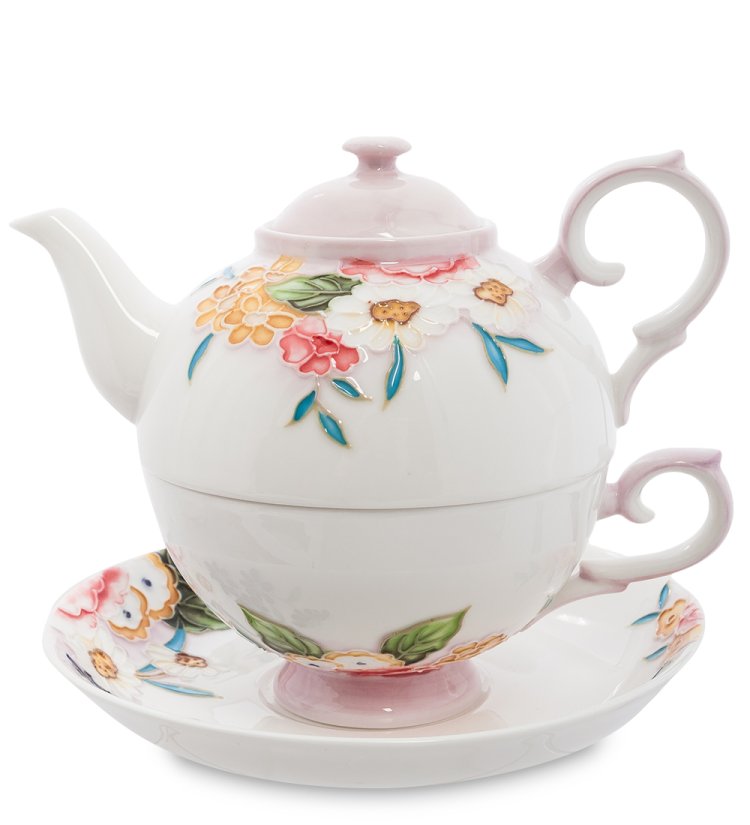 Чайная пара с чайником из фарфора Королева Камилла, ручная роспись Pavone JS-21