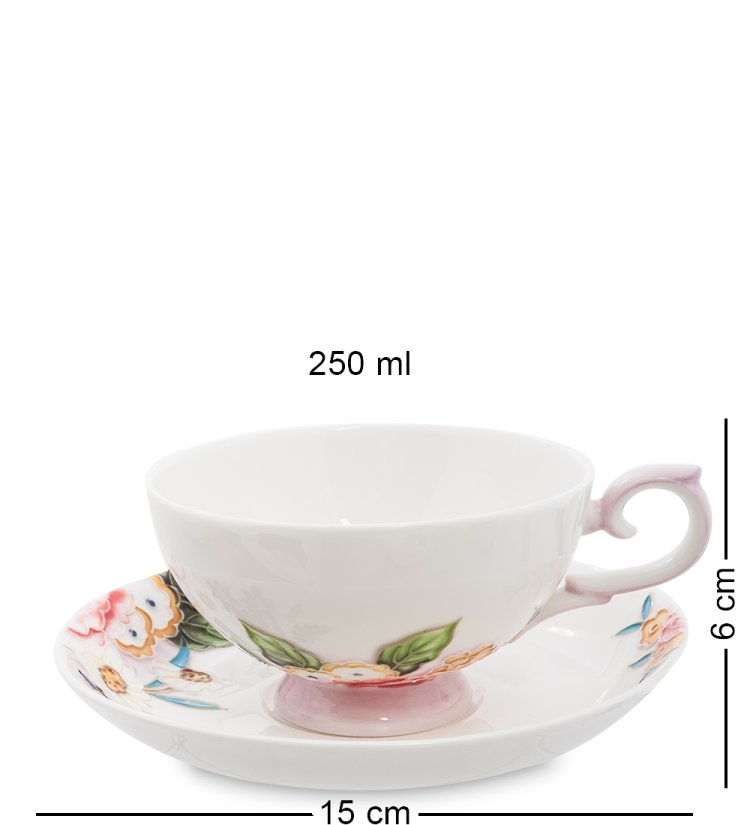 Чайная пара с чайником из фарфора Королева Камилла, ручная роспись Pavone JS-21, фотография чашки и блюдца