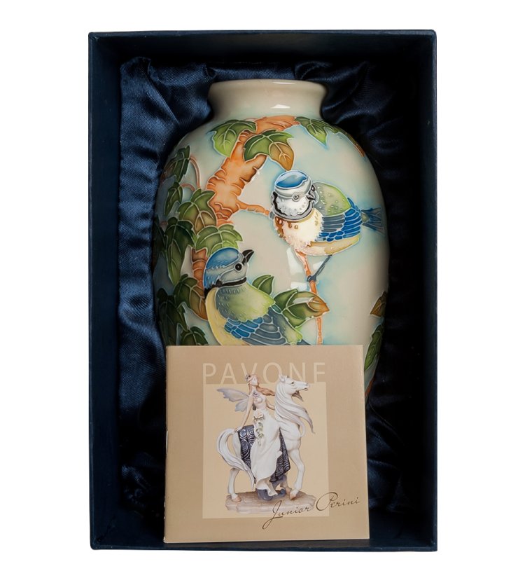 Низкая Ваза для цветов из фарфора Синяя птица Pavone JP-97/42, фотография в коробке