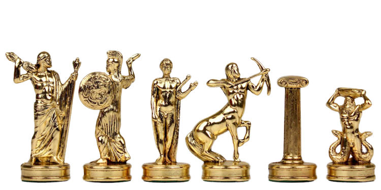 Шахматы на синей металлической доске Битва Титанов Manopoulos MP-S-18-36-BLU, все золотые фигуры