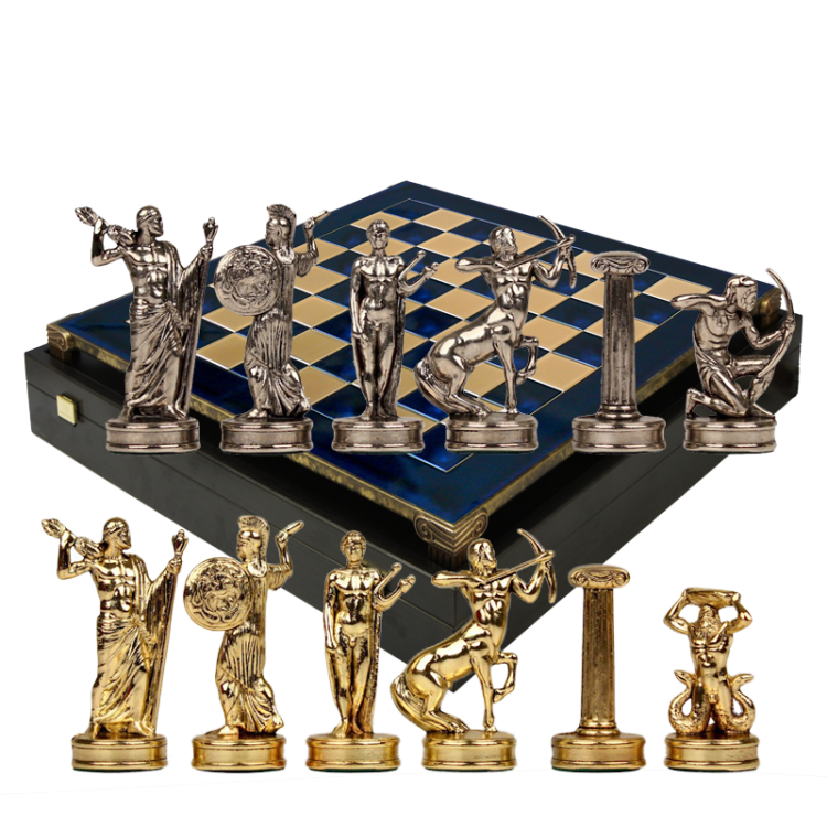 Шахматы на синей металлической доске Битва Титанов Manopoulos MP-S-18-36-BLU, полноценный вид набора