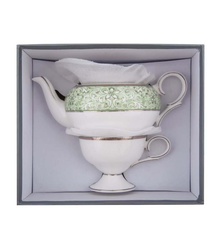 Чайная пара с чайником из фарфора Соло Аделины Pavone JK- 64, фотография в упаковке