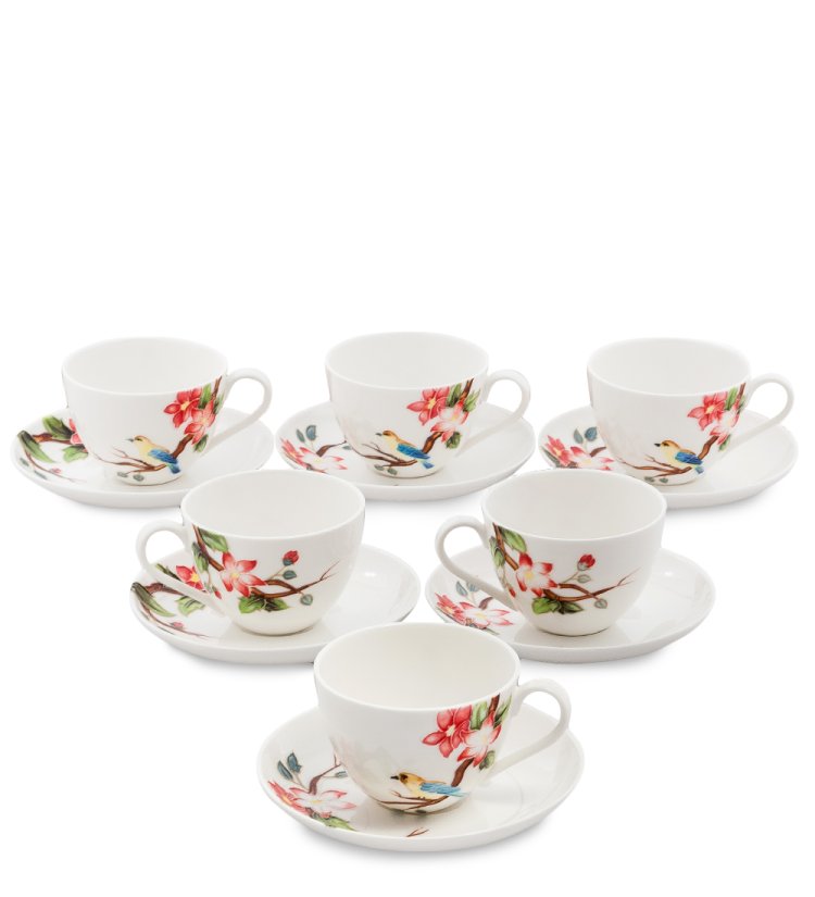 Чайный набор на 6 персон из фарфора Райская птица, ручная роспись Pavone JS-26