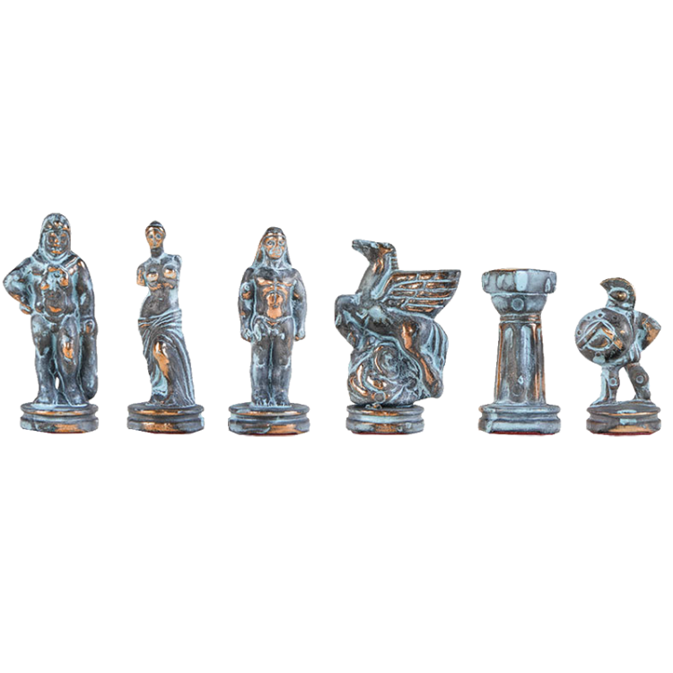 Шахматы Древняя Спарта, Синяя доска Manopoulos MP-S-16-B-28-BLU, фотография фигур цвета патина