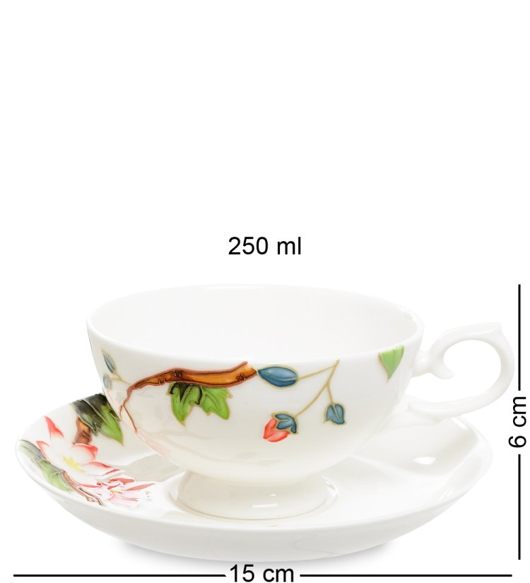 Чайная пара с чайником из фарфора Райская птица, ручная роспись Pavone JS-27, фотография чашки и блюдца