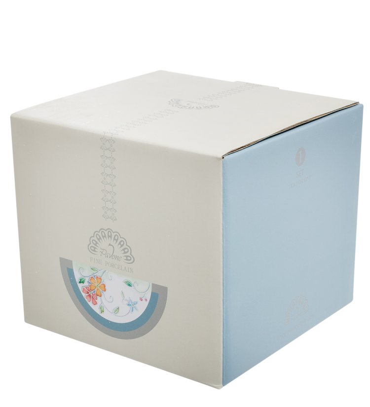 Чайная пара с чайником из фарфора Райская птица, ручная роспись Pavone JS-27, фотография в коробочке