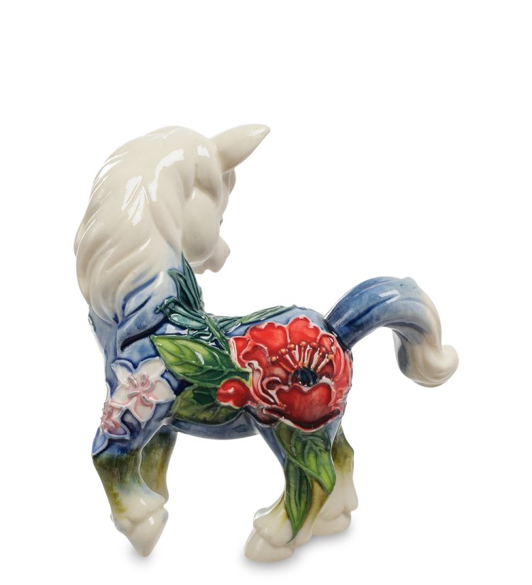 Статуэтка из фарфора Лошадка с бабочкой и цветами Pavone JP-852/ 8, фотография сбоку