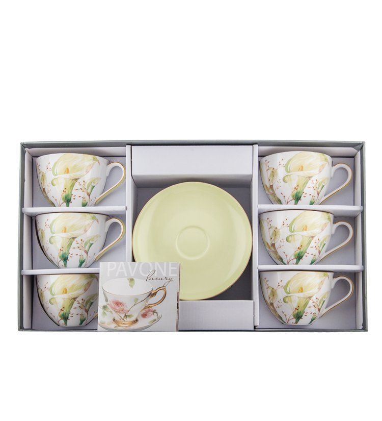 Чайный набор на 6 персон из фарфора Калла Pavone JK- 74, фотография в упаковке