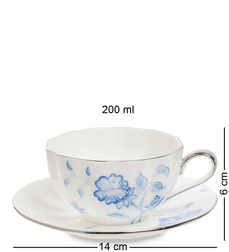 Чайный набор на 2 персоны из фарфора Голубая бабочка, ручная роспись Pavone JS-31, фотография чашки и блюдца