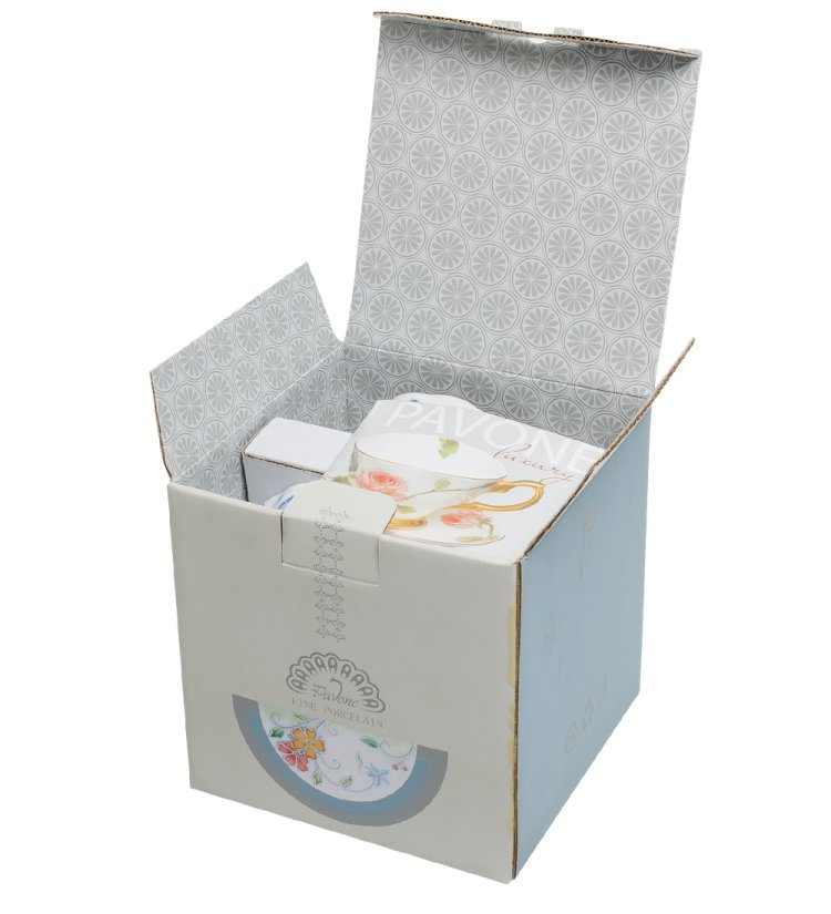 Чайный набор на 2 персоны из фарфора Голубая бабочка, ручная роспись Pavone JS-31, фотография в упаковки