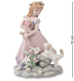 Статуэтка из керамики Девочка на лугу с цветами и собачкой