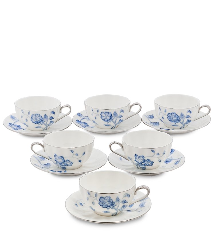 Чайный набор на 6 персон из фарфора Голубая бабочка, ручная роспись Pavone JS-32