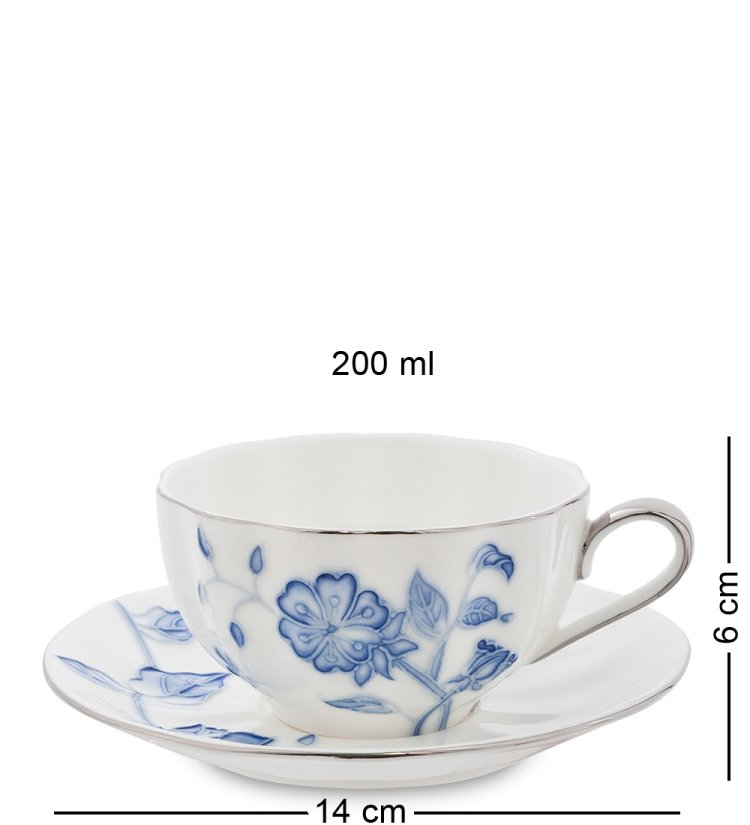 Чайный набор на 6 персон из фарфора Голубая бабочка, ручная роспись Pavone JS-32, фотография чашки и блюдца