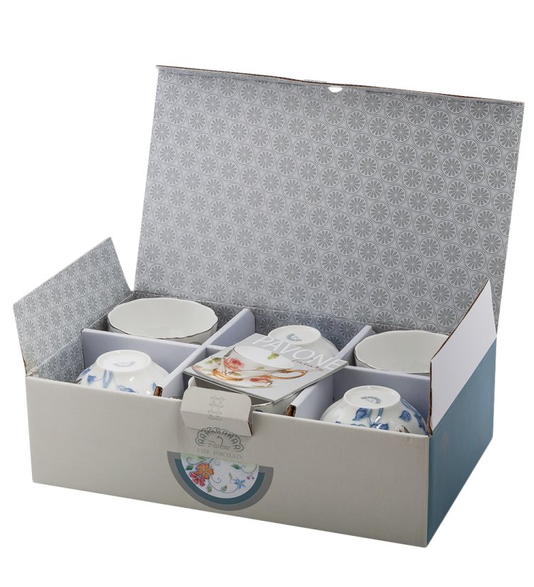 Чайный набор на 6 персон из фарфора Голубая бабочка, ручная роспись Pavone JS-32, фотография в упаковке