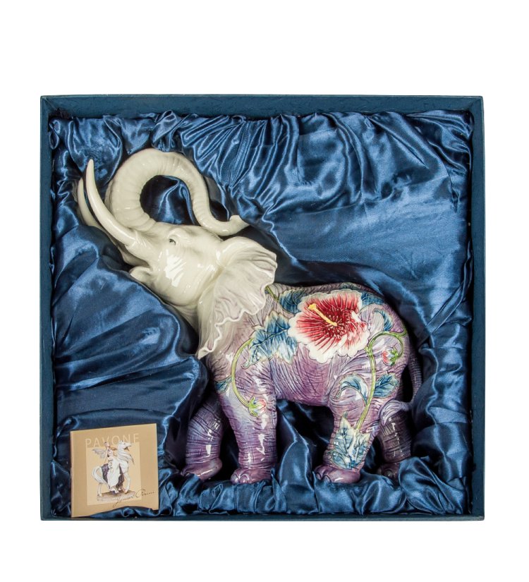 Статуэтка из фарфора Большой фиолетовый Слон с цветком Pavone JP-98/ 45, фотография в упаковке
