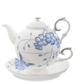 Чайная пара с чайником из фарфора Голубая бабочка