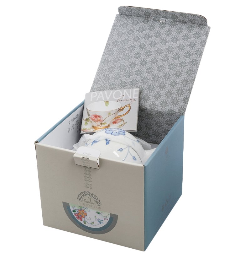 Чайная пара с чайником из фарфора Голубая бабочка, ручная роспись Pavone JS-33, фотография в упаковке