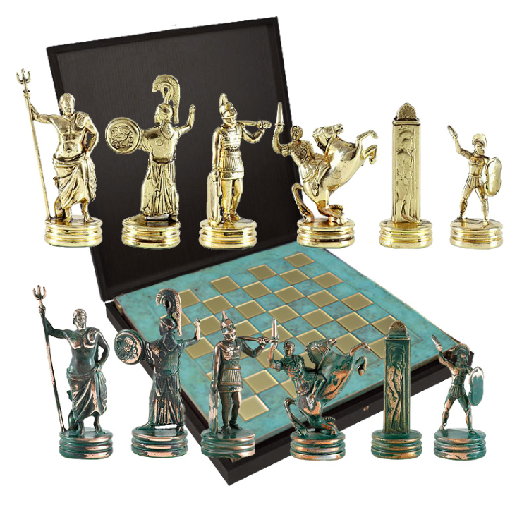 Шахматы на патинированной доске Троянская война Manopoulos MP-S-4-A-36-TIR, все фигуры на фоне доски