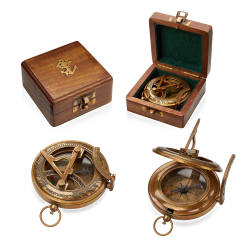 Компас магнитный с солнечными часами в деревянном футляре