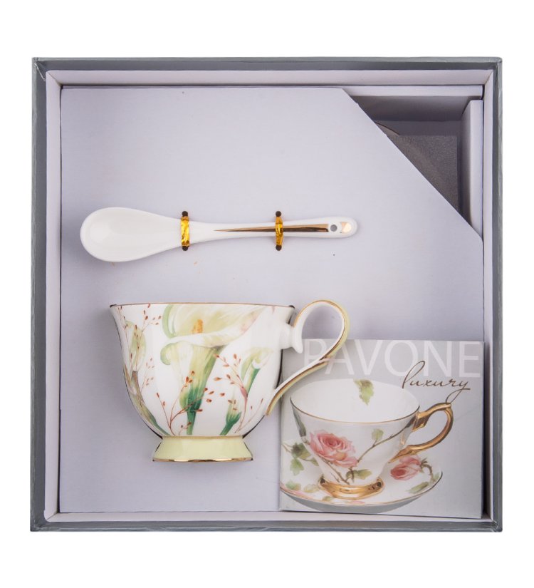Чайная пара из фарфора Калла Pavone JK- 77, фотография в упаковке