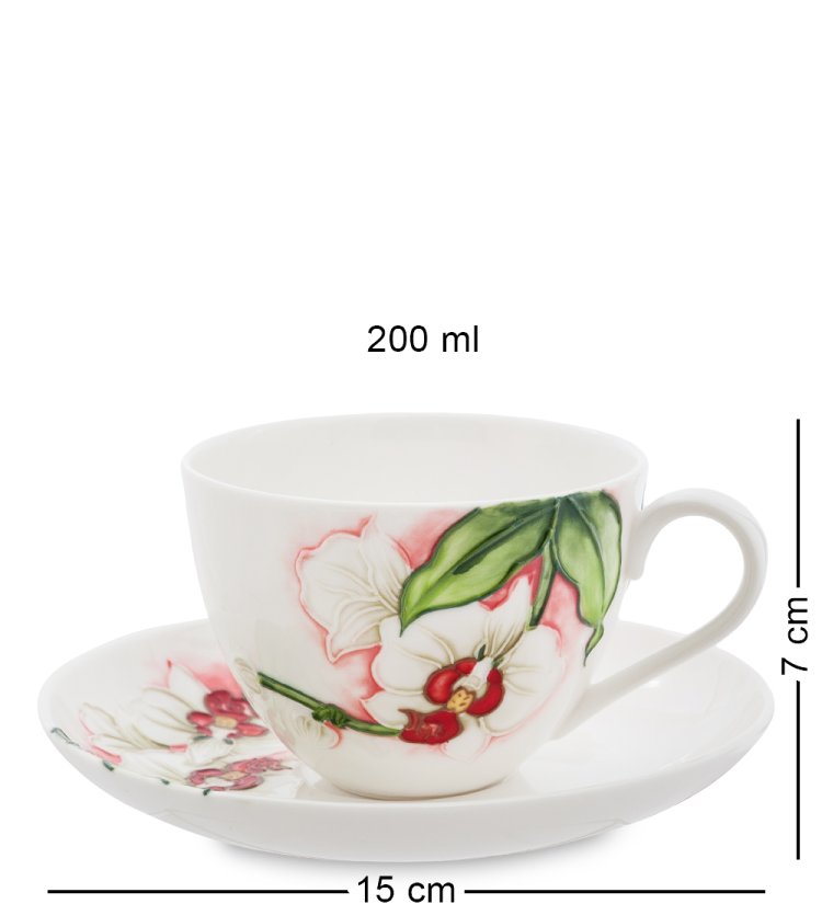 Чайный набор на 2 персоны из фарфора Королевская орхидея, ручная роспись Pavone JS-37, фотография чашки и блюдца