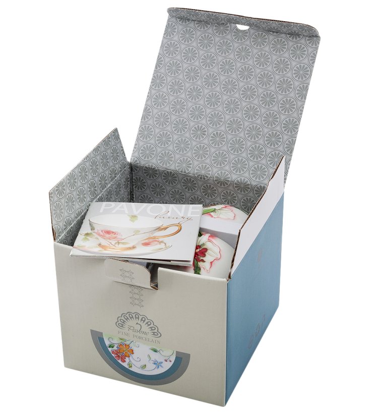 Чайный набор на 2 персоны из фарфора Королевская орхидея, ручная роспись Pavone JS-37, фотография в упаковке