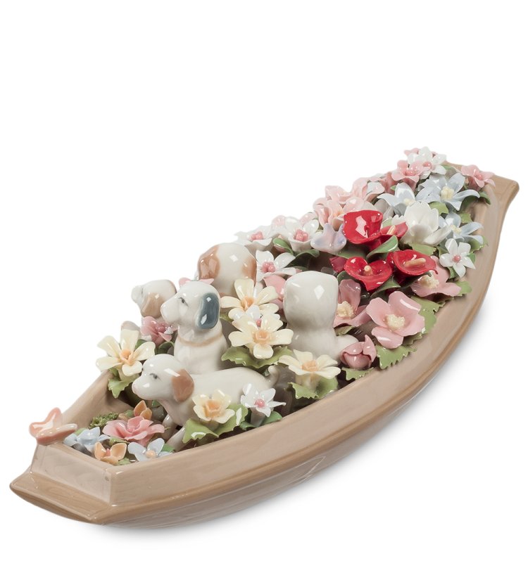 Статуэтка Щенки в цветочной лодочке Pavone CMS-33/61, фотография со стороны